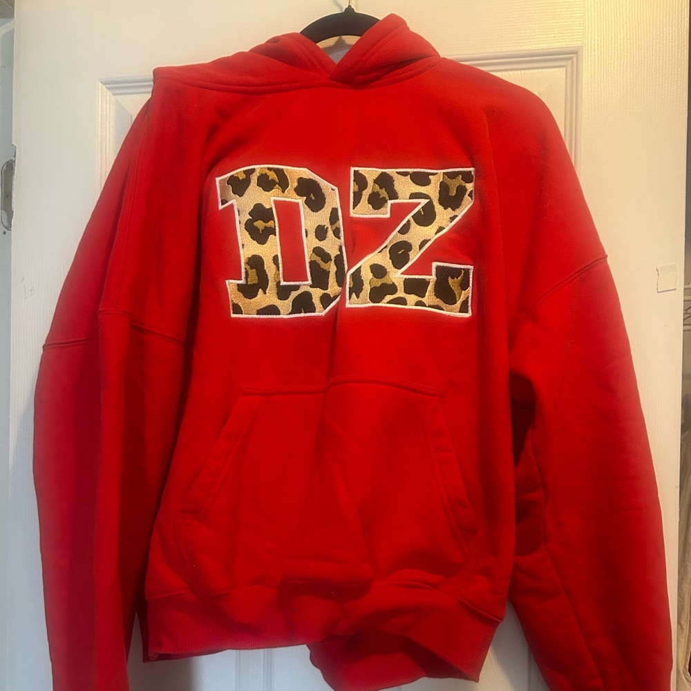 Red Delta Zeta Hoodie with Leopard Print Letters DZ